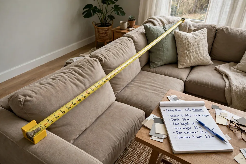 Measuring tape along one section of a sectional sofa with a notepad nearby.