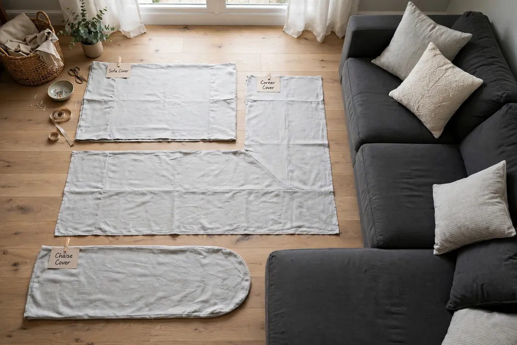 Separate slipcover pieces laid out beside a sectional sofa.