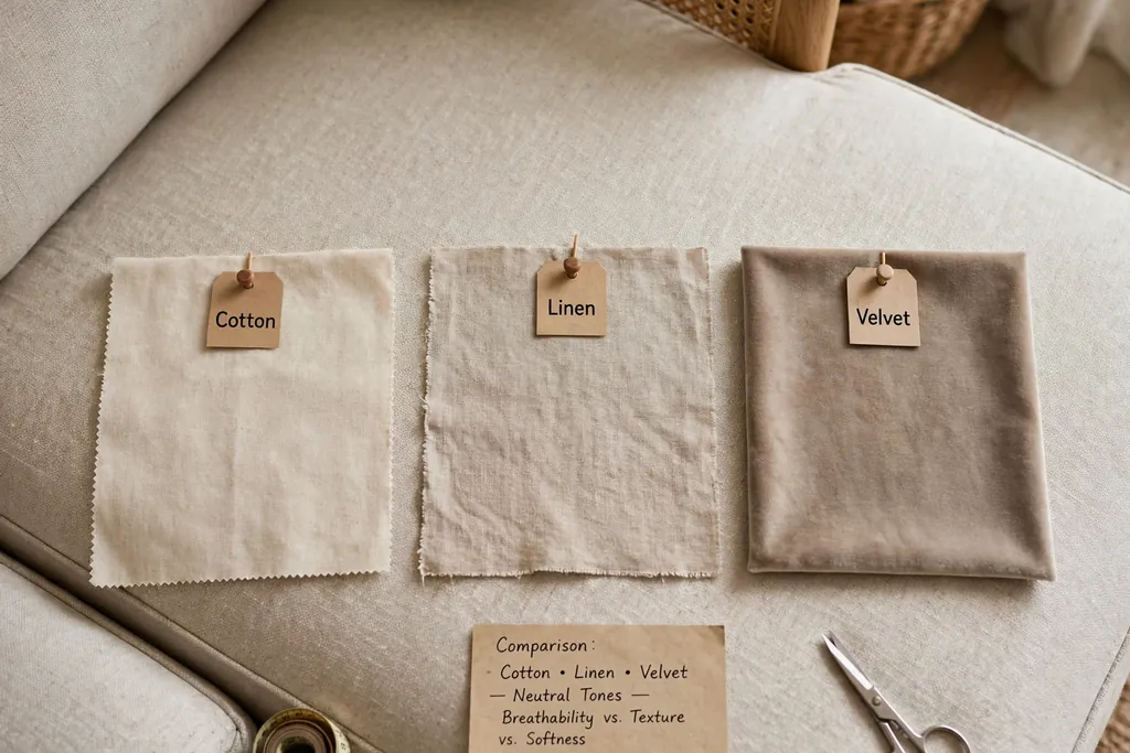 Fabric swatches in cotton, linen, and velvet on a sectional seat cushion.