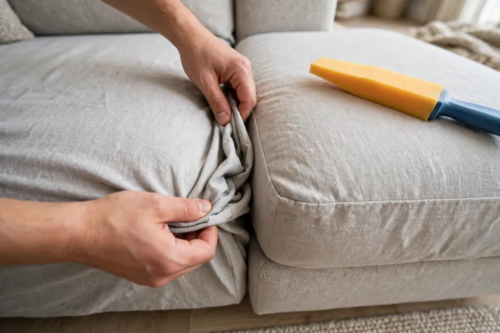 Hands tucking slipcover fabric beside a sectional seat cushion.