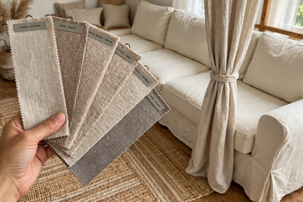 Fabric swatches held against a rug and curtain beside a sectional.