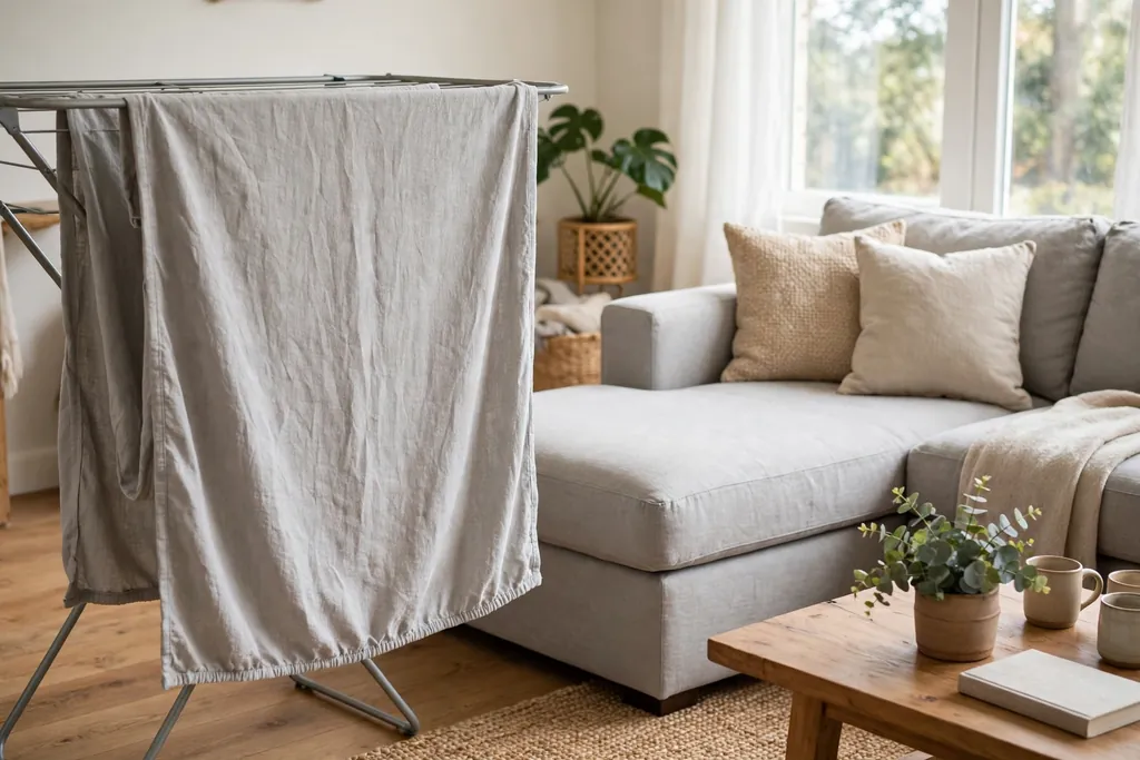 Slipcover piece drying on a rack beside a sectional sofa.