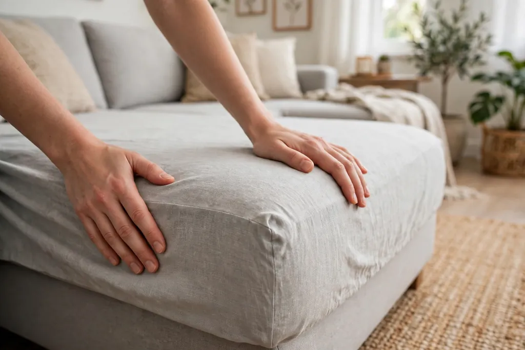 Hands smoothing a slipcover over a sectional corner.
