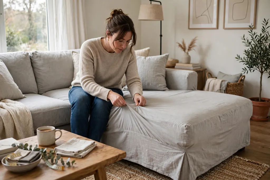 Person sitting on a slipcovered sectional chaise checking the cover fit.