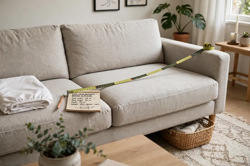 Measuring tape across a sofa seat and back before fitting a white slipcover.