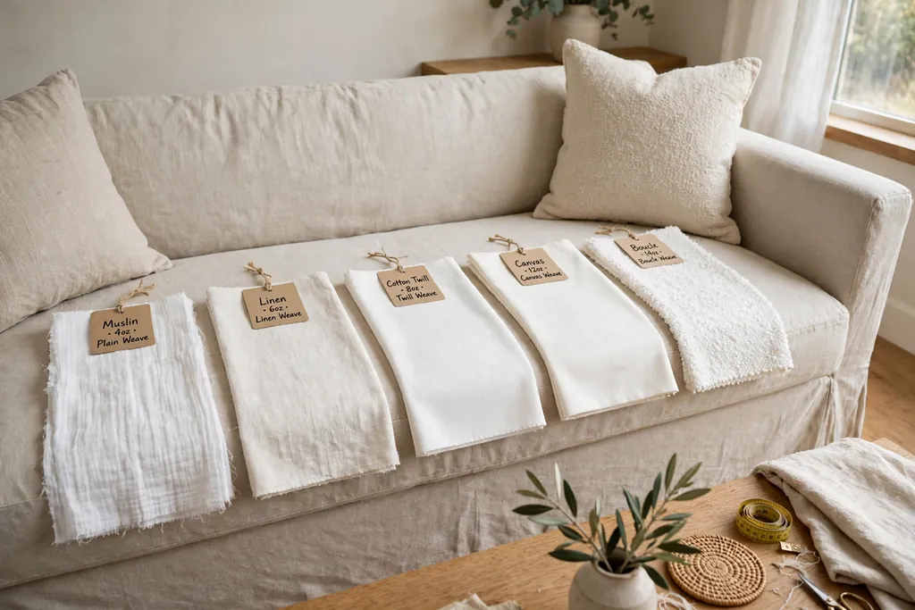 White slipcover fabric swatches in different weights and weaves on a sofa seat.