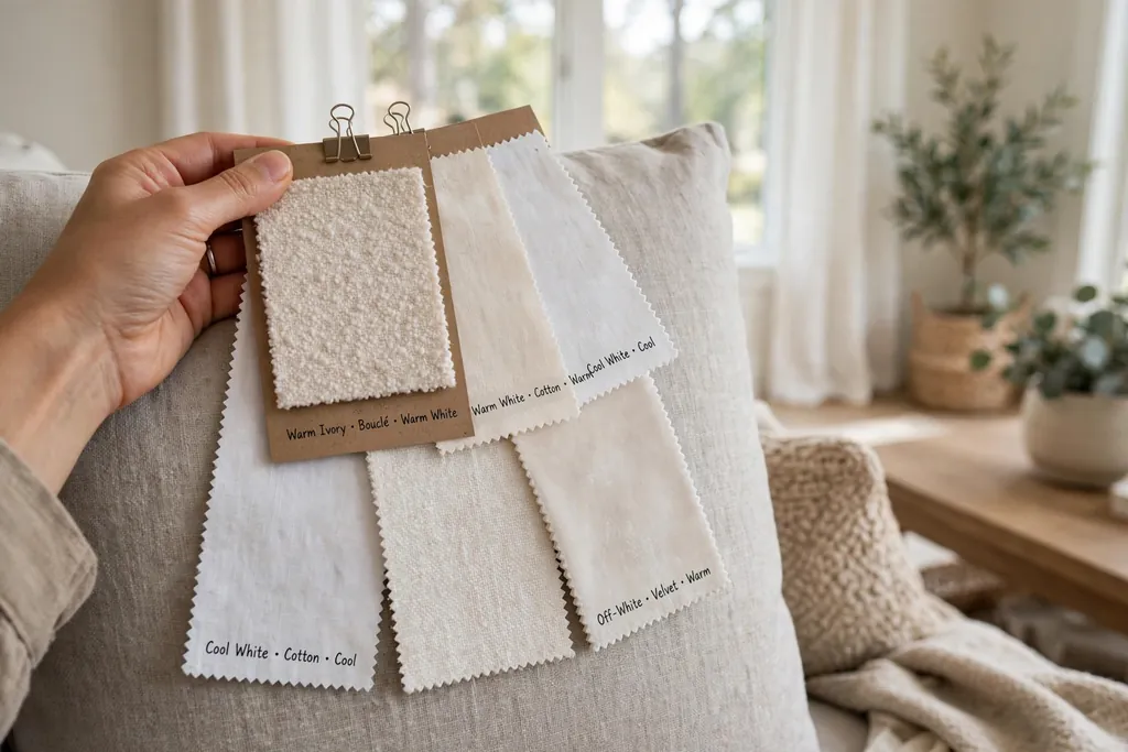 Warm and cool white fabric swatches held against a sofa in daylight.