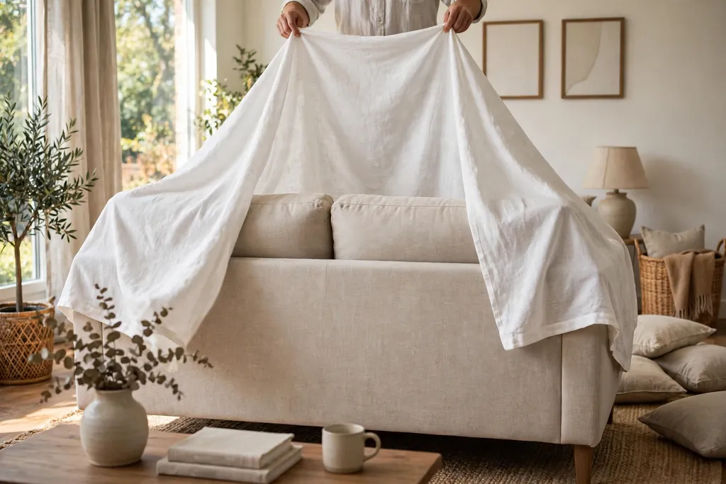 White slipcover being draped over the back of a sofa.