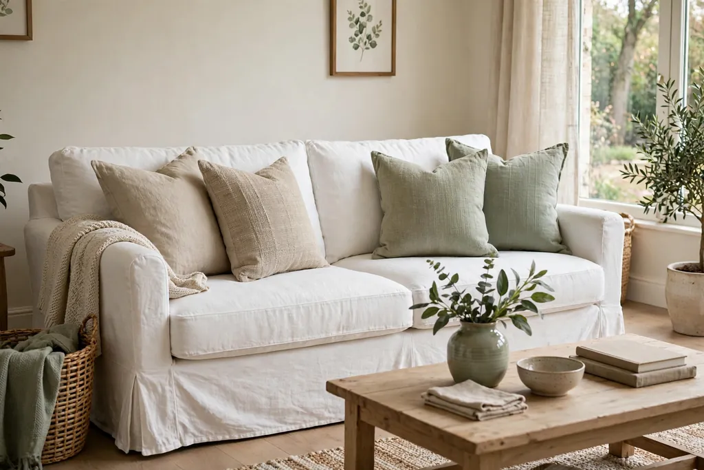 White slipcovered sofa styled with pillows in linen, oatmeal, and sage tones.