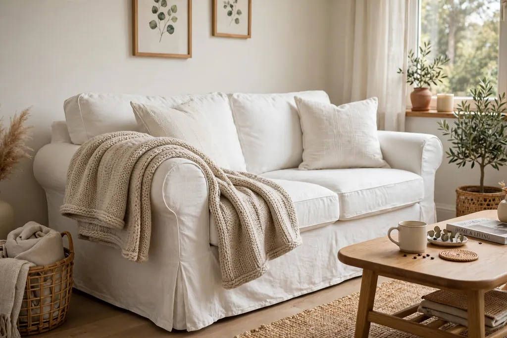 Soft oatmeal throw folded over the arm of a white slipcovered sofa.