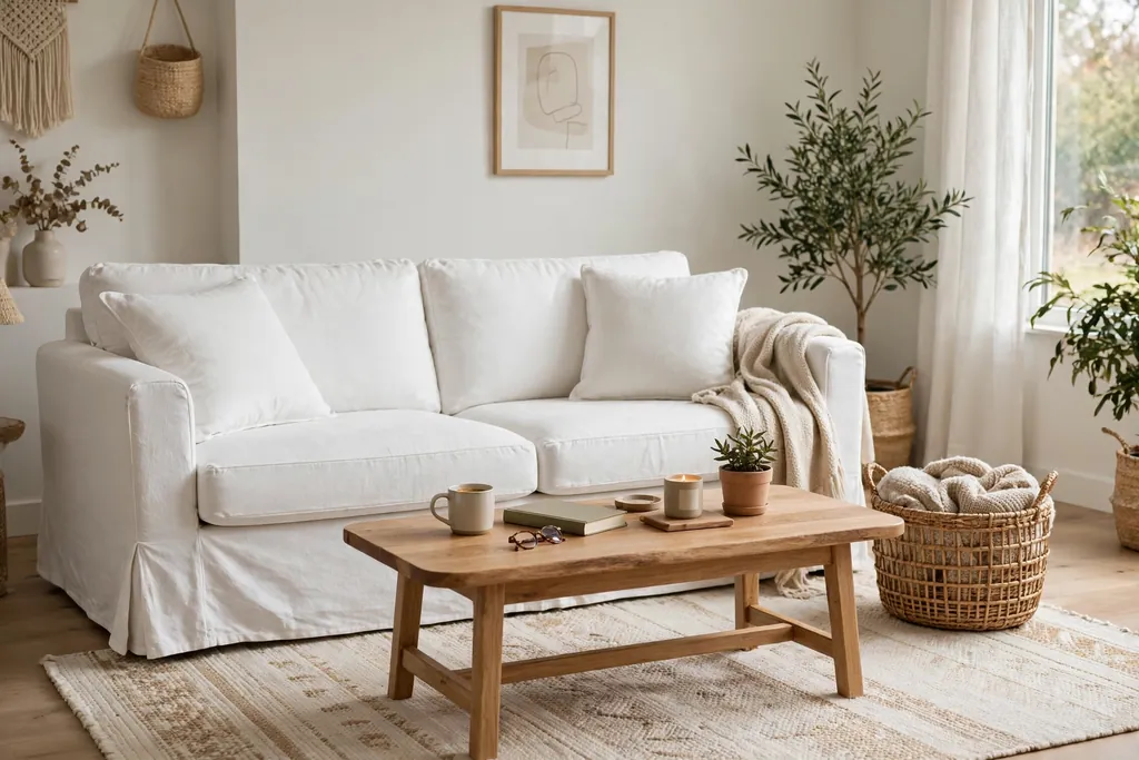 White slipcovered sofa with a wood coffee table, woven basket, and light rug.