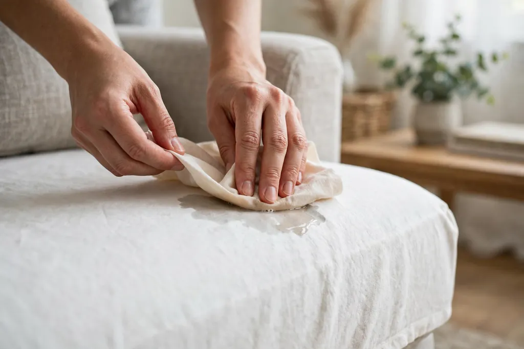 Hands blotting a spill on a white slipcover with a clean cloth.