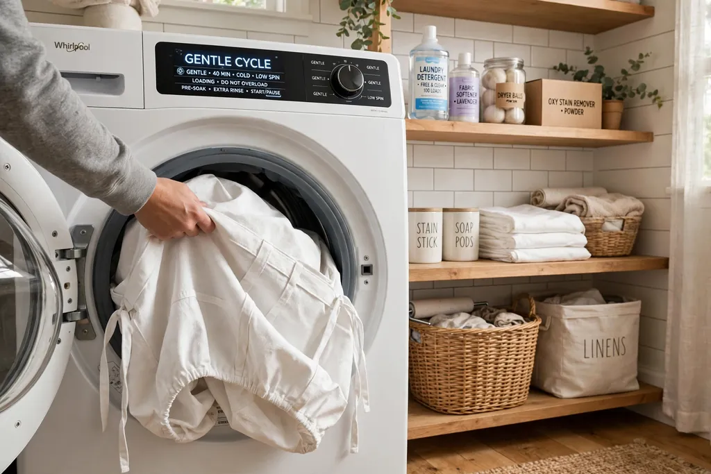 White slipcover being loaded into a washing machine.