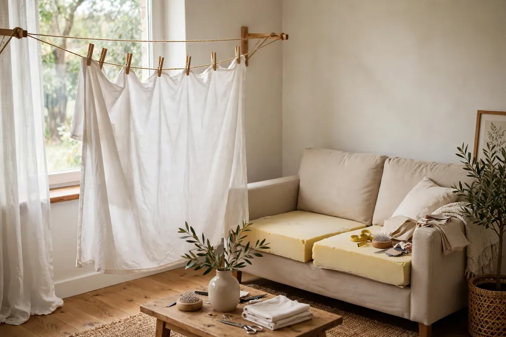 White slipcover air drying on a line in soft daylight.