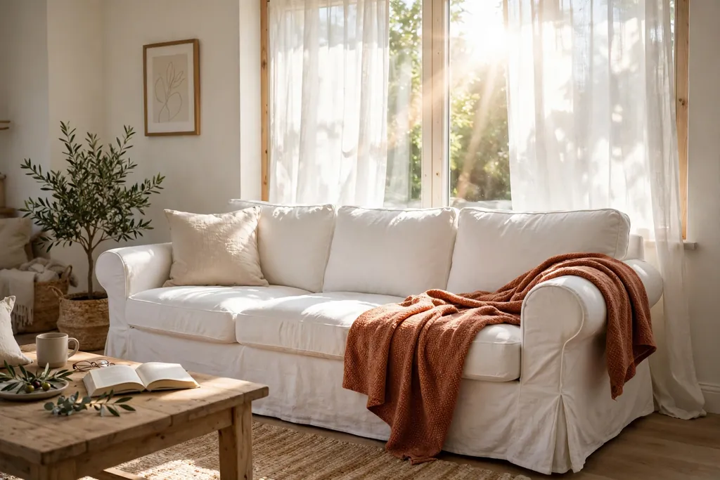 White slipcovered sofa by a window with sheer curtains filtering sunlight.