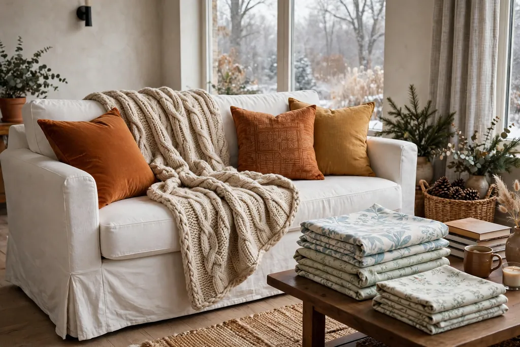 White slipcovered sofa restyled for winter with a knit throw and warm pillows.
