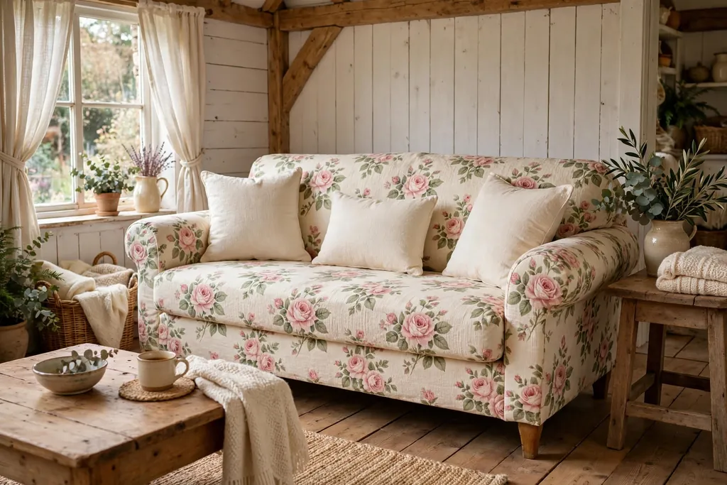 Sofa with a classic rose print slipcover in soft pink and cream with plain cream pillows.