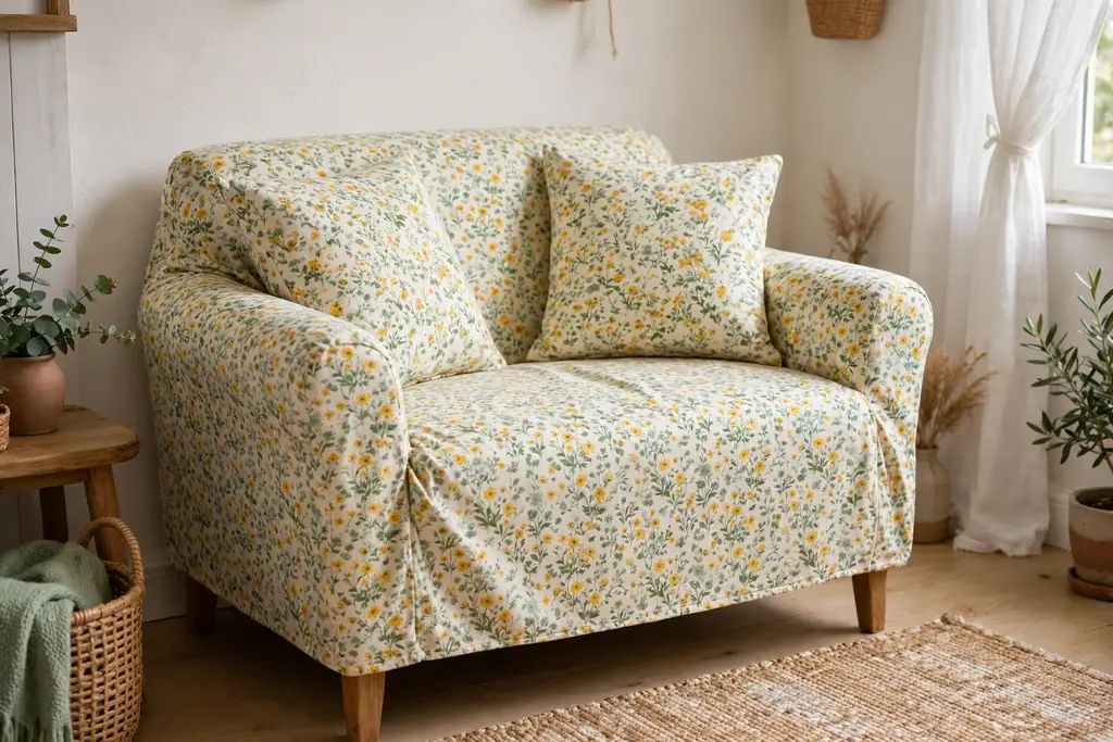 Small loveseat with a small scale wildflower print slipcover in cream, yellow, and soft green.