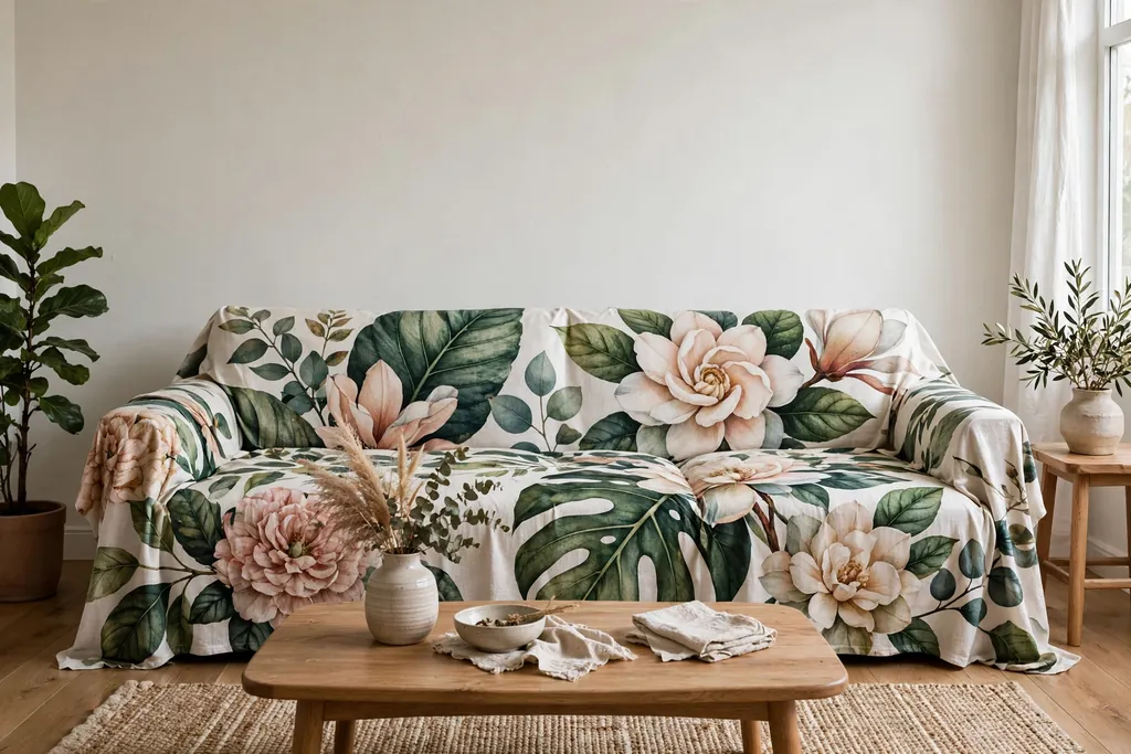 Large sofa with a large scale botanical print slipcover against plain walls.