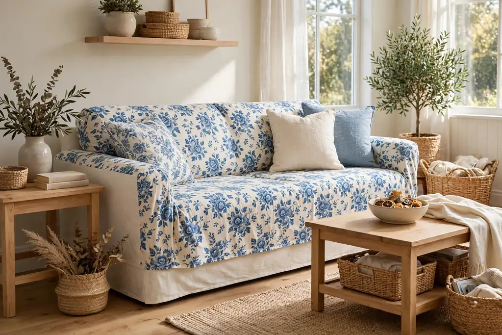 Sofa with a blue and white floral slipcover on a cream base with light wood furniture.