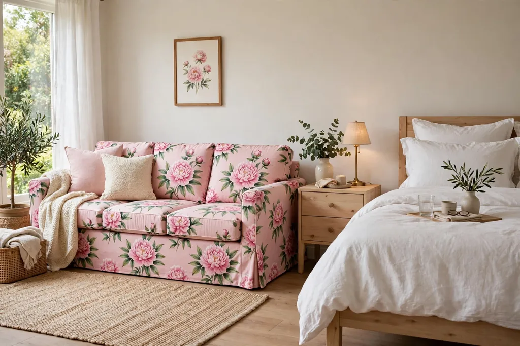Bedroom seating area with a pink peony print slipcovered sofa and white bedding.