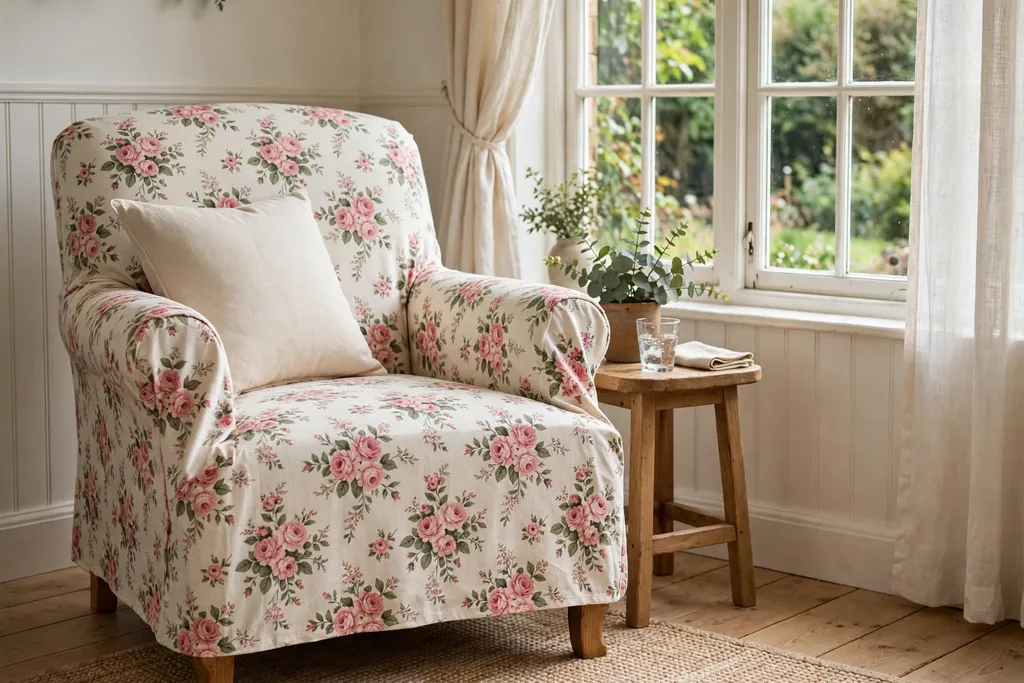 Single armchair with a cottage rose print slipcover beside a window.