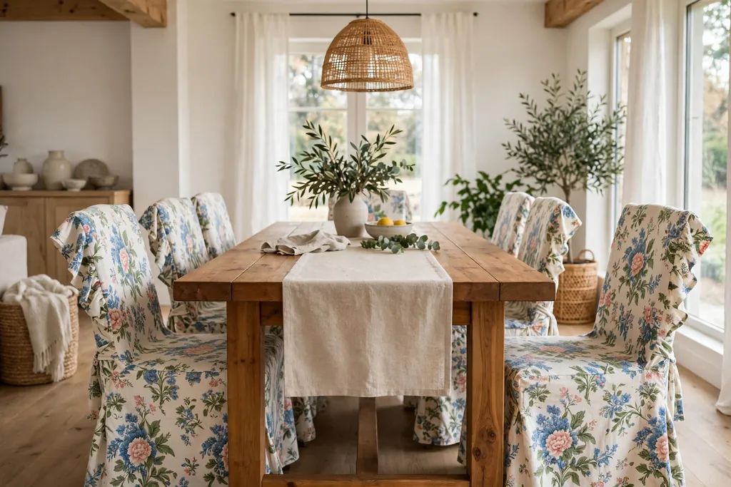 Dining chairs with floral slipcovers around a wood dining table.