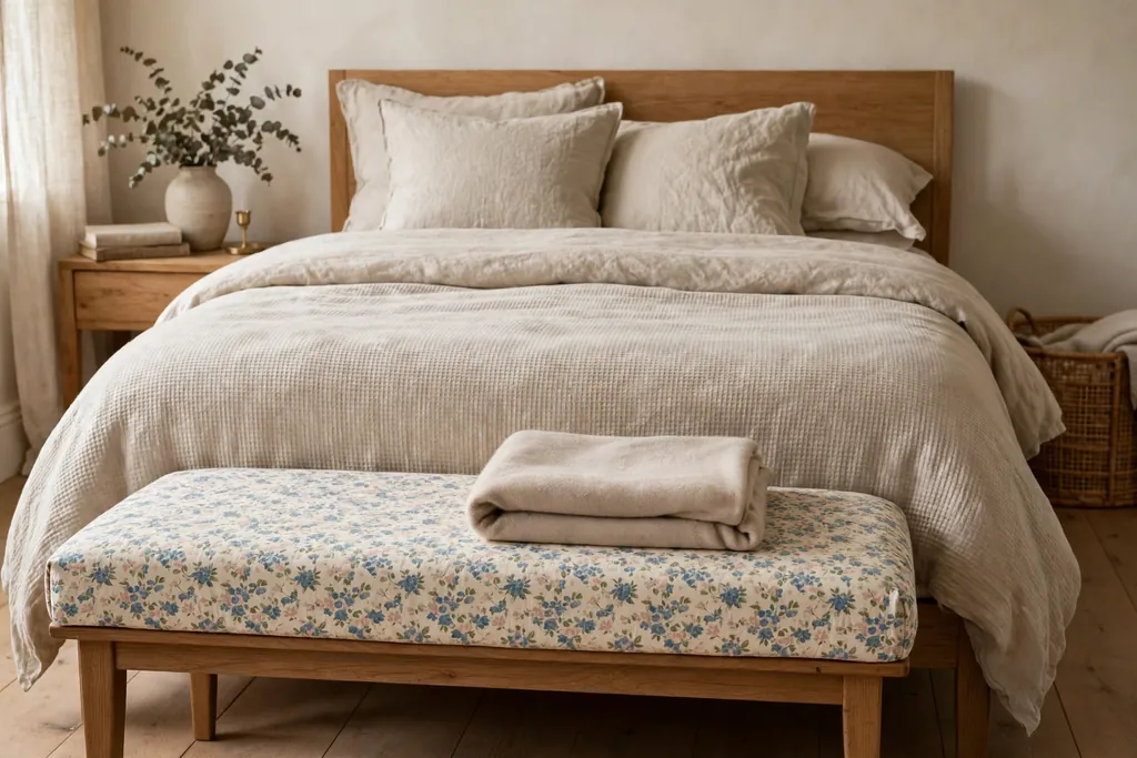 Bench with a small floral print slipcover at the foot of a bed.