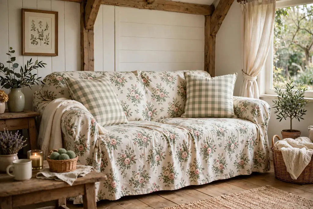 Floral slipcovered sofa styled with cream and sage gingham check pillows.