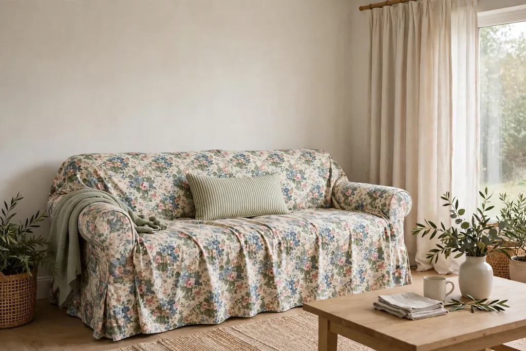Floral slipcovered sofa with a narrow striped pillow in sage on cream.