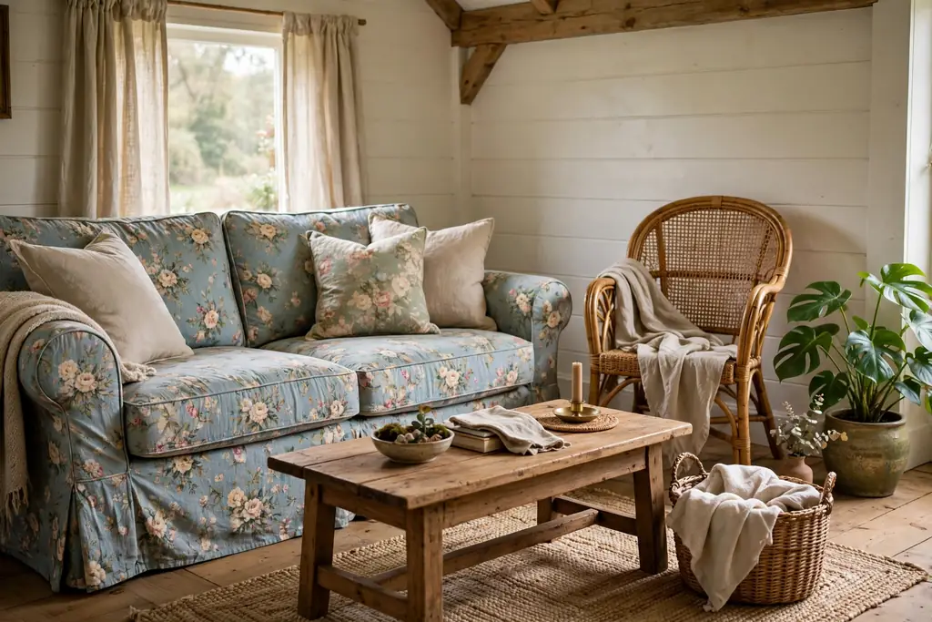 Floral slipcovered sofa with a rattan chair, wood coffee table, and woven basket.