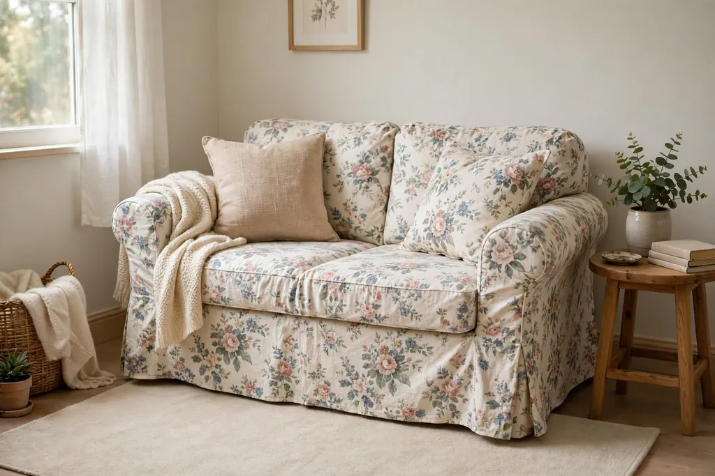 Floral slipcovered loveseat in a small living room with a small side table.