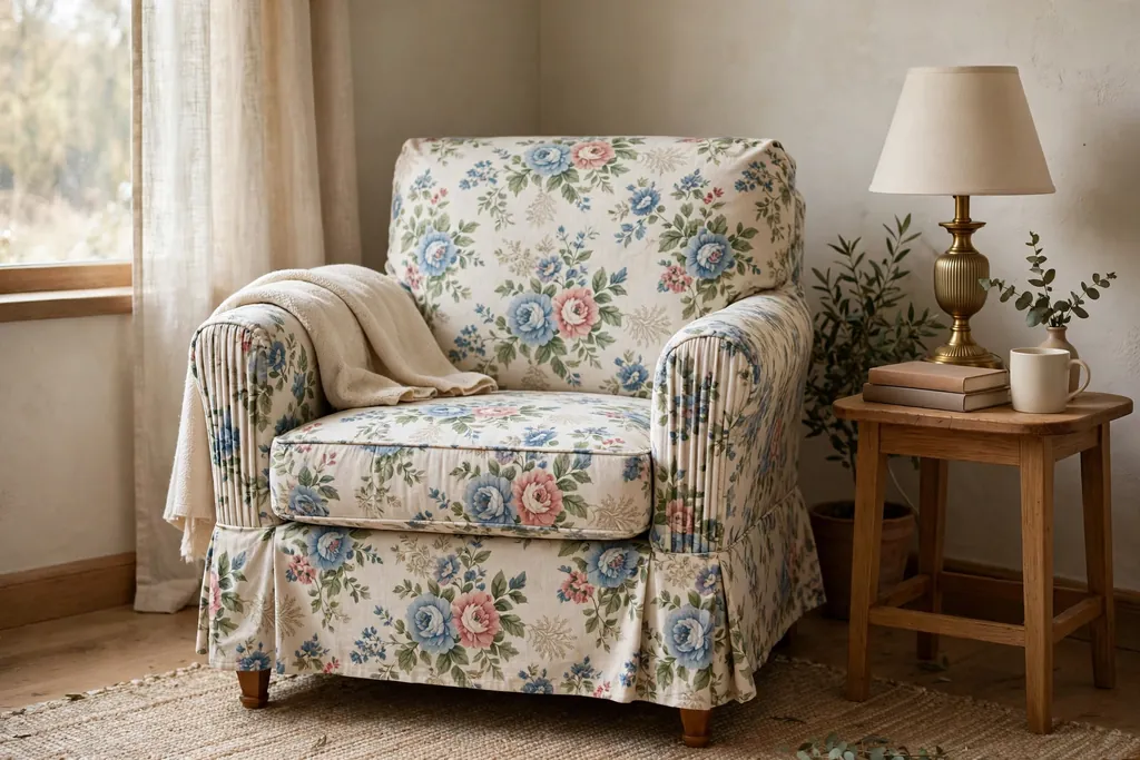 Floral slipcovered reading chair in a quiet corner with a lamp and side table.