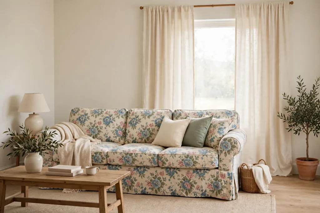 Floral slipcovered sofa with plain cream curtains and plain walls.