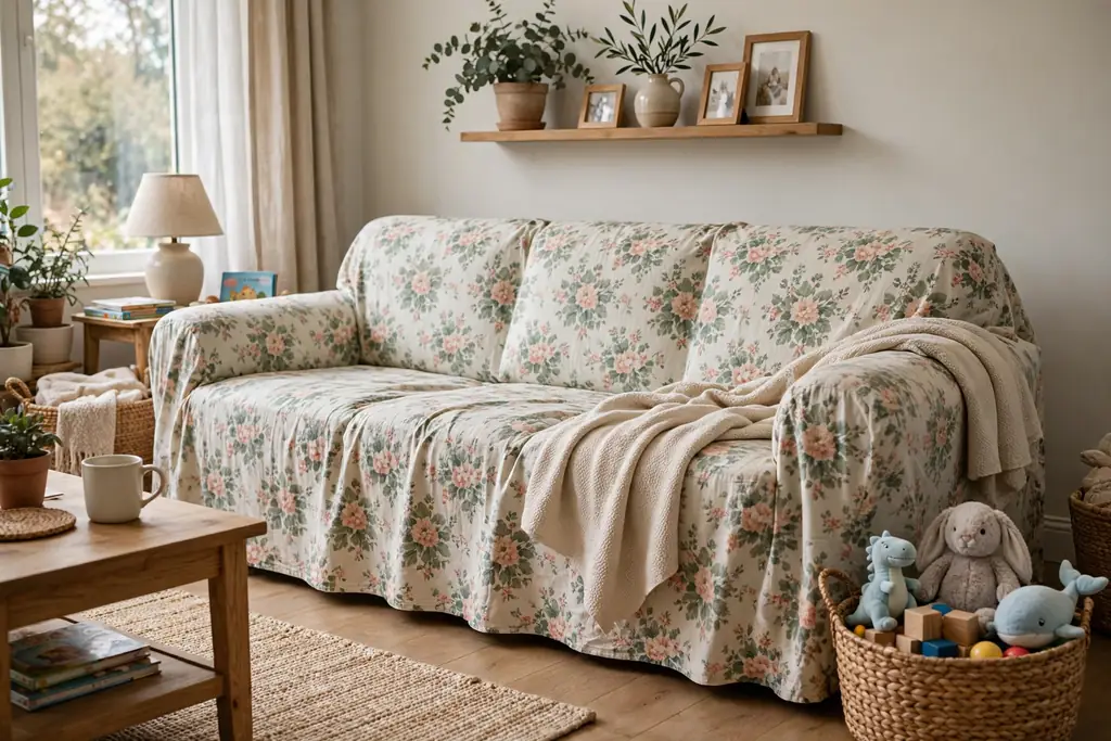 Family room with a washable floral slipcovered sofa and a plain throw on one seat.