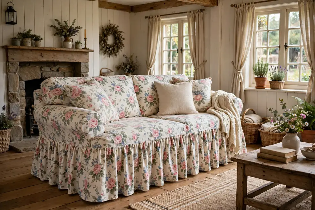 Sofa with a long skirted floral slipcover falling to the floor.