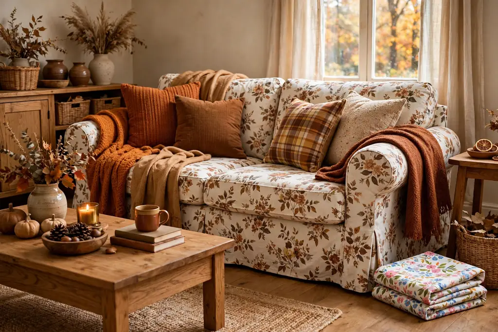 Floral slipcovered sofa restyled for autumn with warm throws and a folded spring cover nearby.