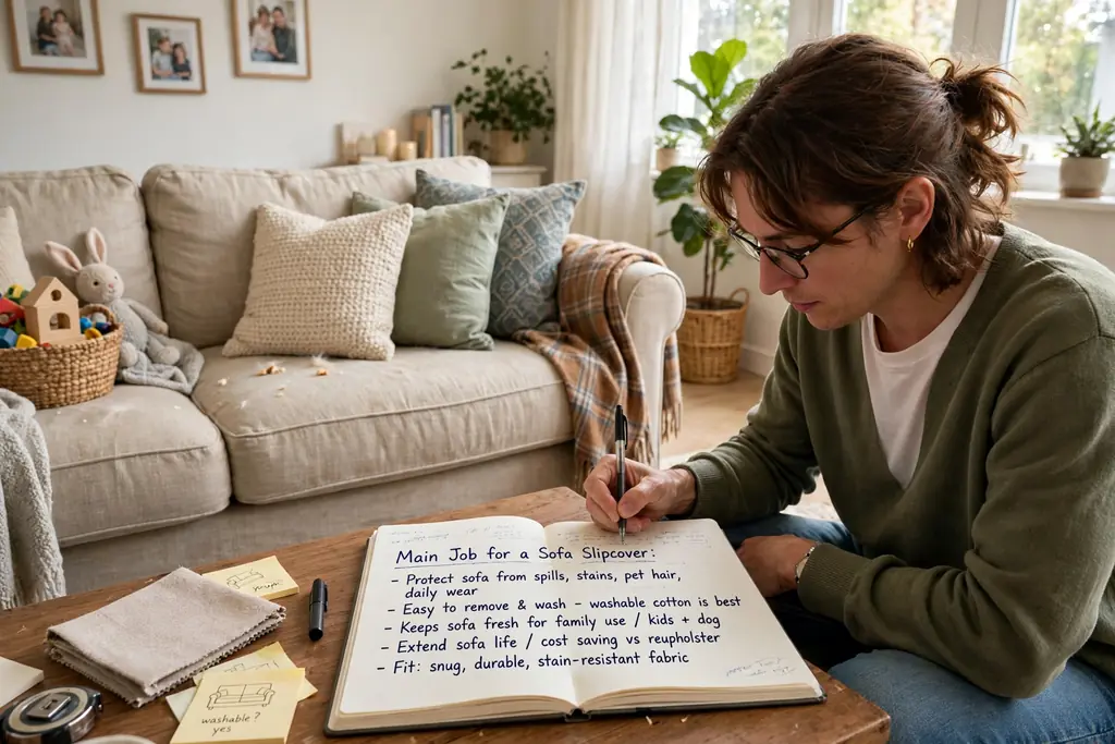 Notebook with slipcover job notes beside a family sofa.