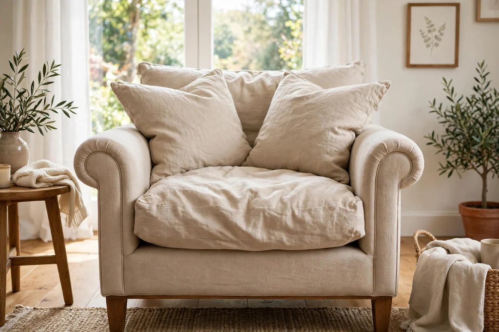 Armchair with rolled arms and loose cushions in a living room.