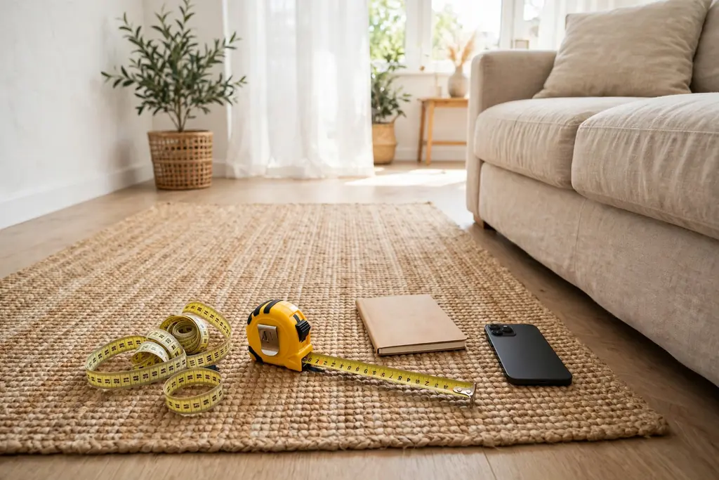 Measuring tapes, notebook, and camera laid out beside a sofa.