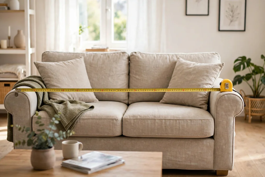 Measuring tape stretched across the full width of a sofa.