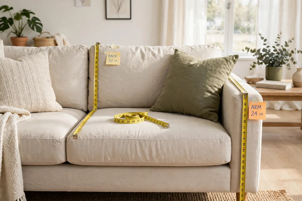 Measuring tape on a sofa seat between the arms.