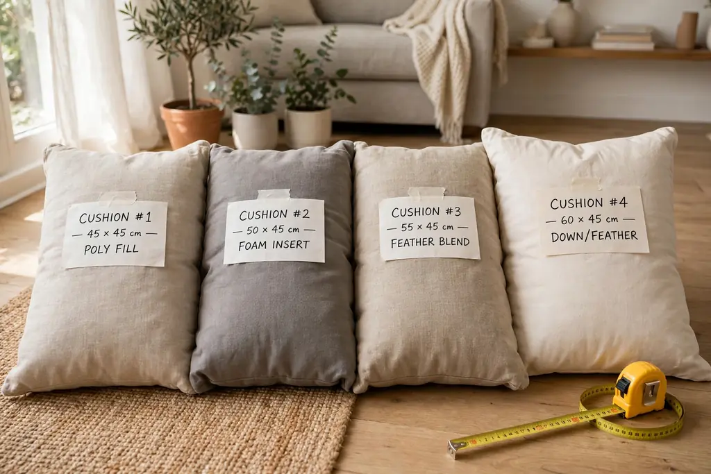 Loose sofa cushions laid out in a row with labels and a tape measure.