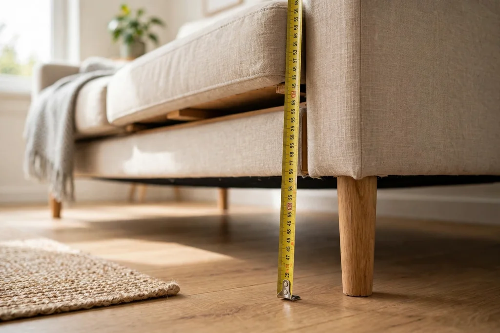Measuring tape from a sofa seat frame down to the floor beside sofa legs.