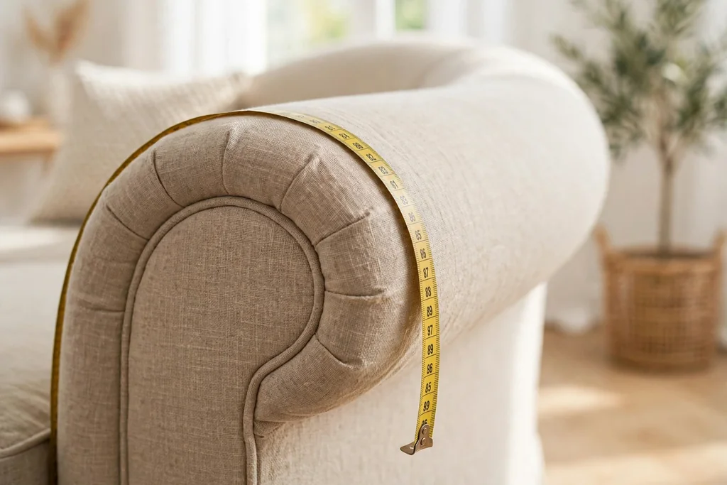 Flexible tape following the curve of a sofa back and rolled arm.