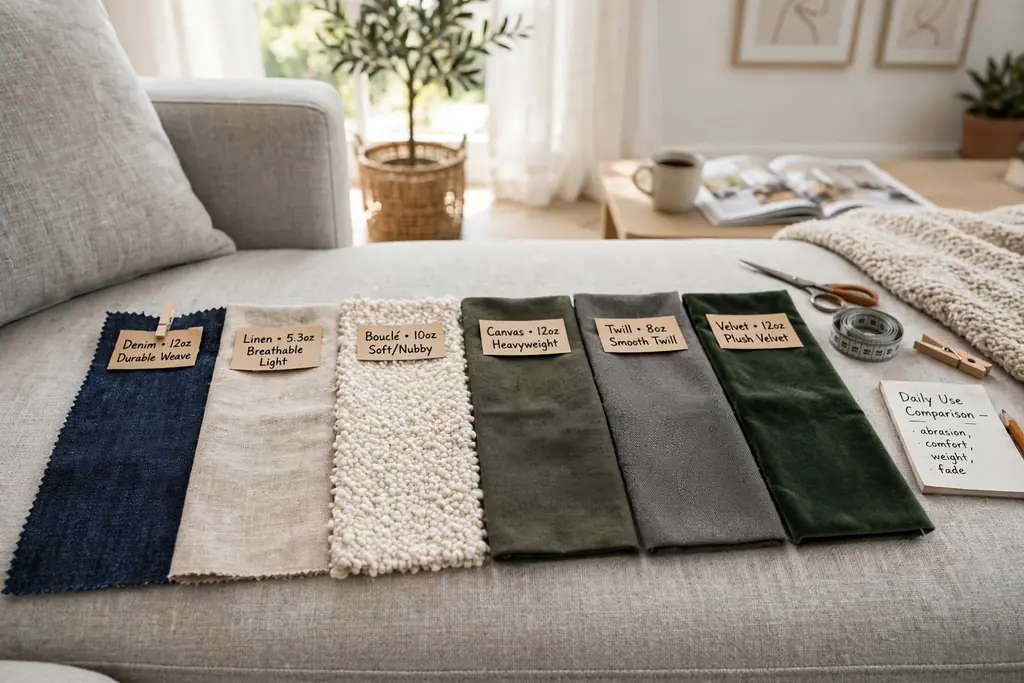 Fabric swatches in different weights and weaves on a sofa seat.