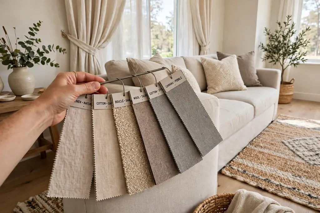 Neutral fabric swatches held against a sofa beside a rug and curtains.