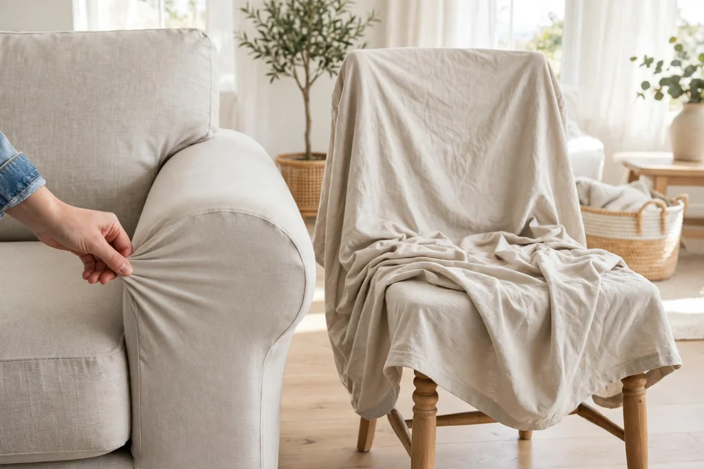 Snug slipcover being smoothed over a sofa arm beside a relaxed chair cover.