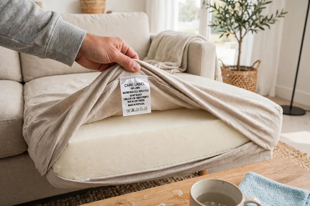 Slipcover section being removed from a sofa cushion for washing.