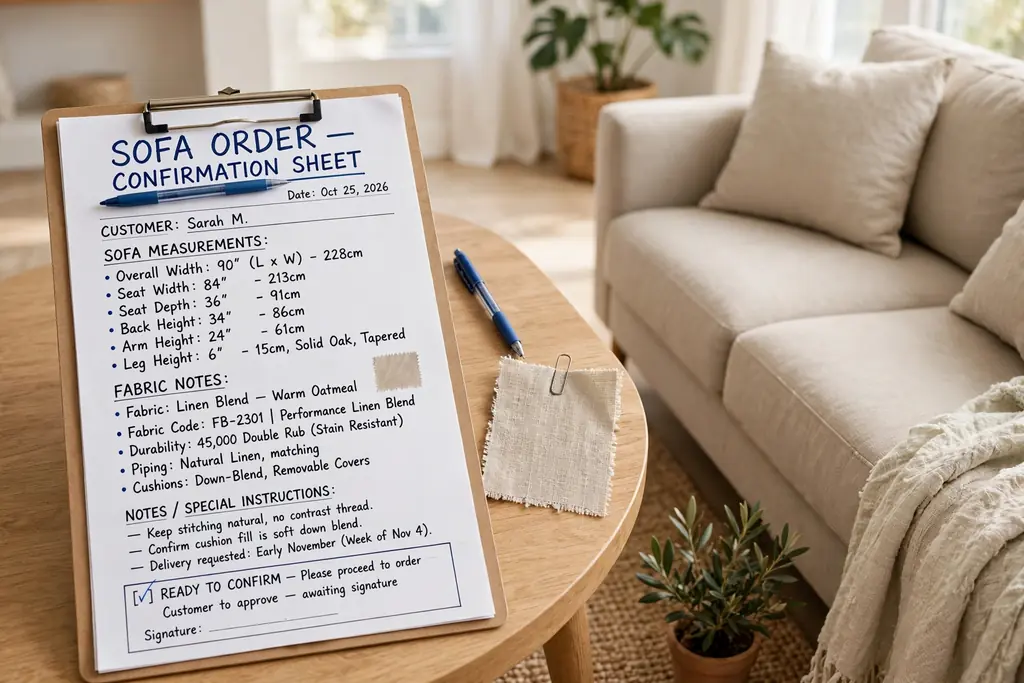 Written order sheet with sofa measurements and fabric notes beside a sofa.